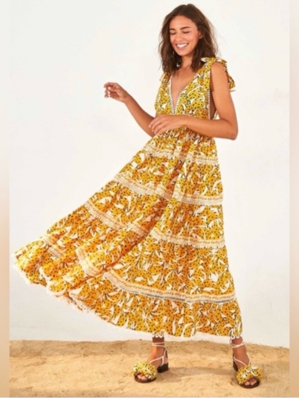 FARM Rio Banana Midi/Maxi Sleeveless Dress with Tie Straps